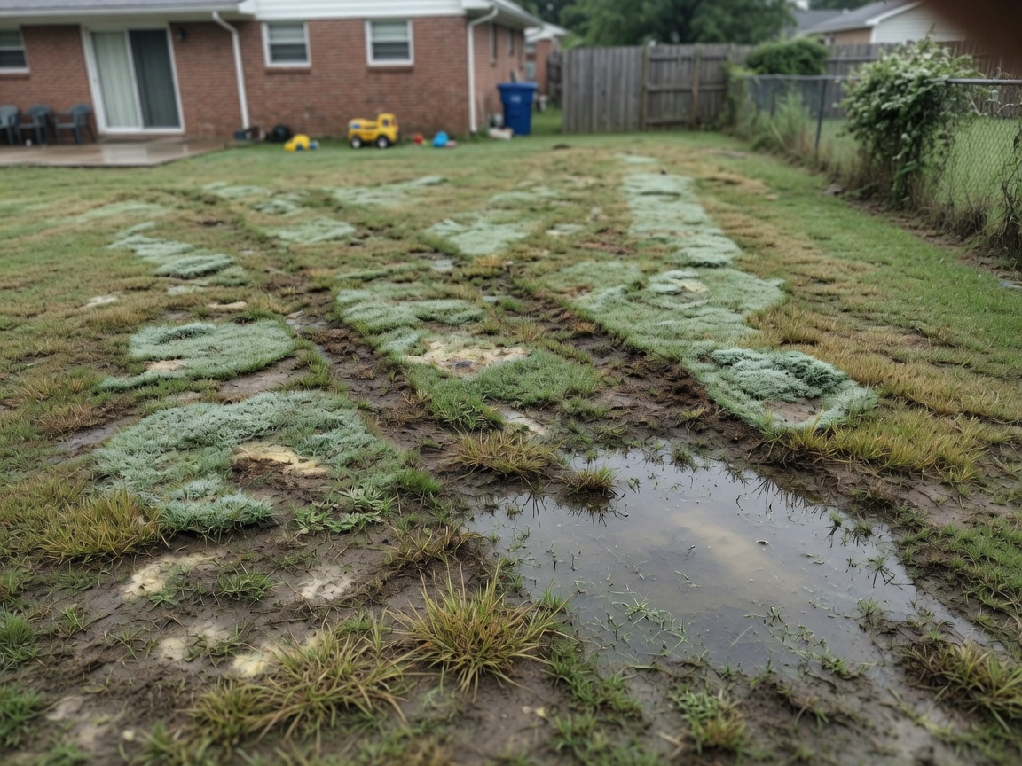 bumpy back yard, scalp marks, standing-water low spot · phone photo