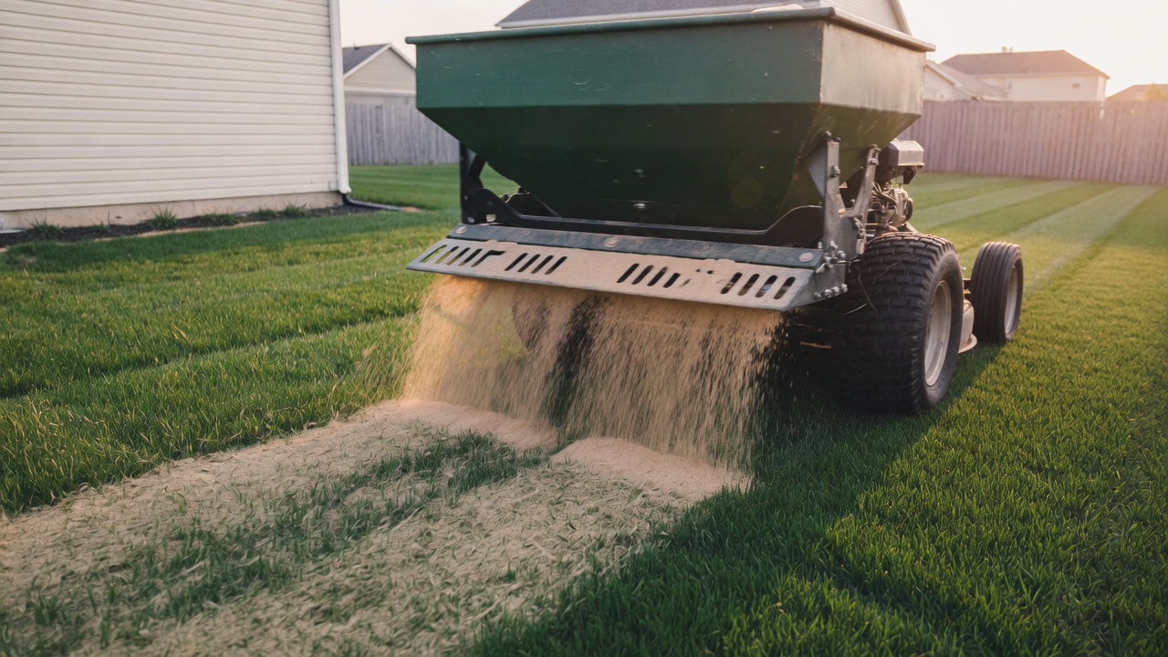 lawn top dressing in progress — equipment on site